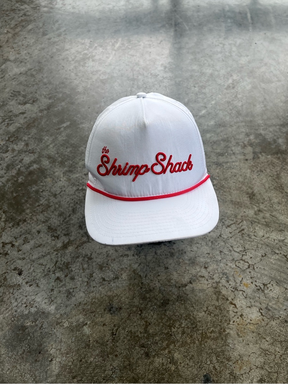 The Shrimp Shack Seaside FL White Red Rope Snapback Hat Adjustable